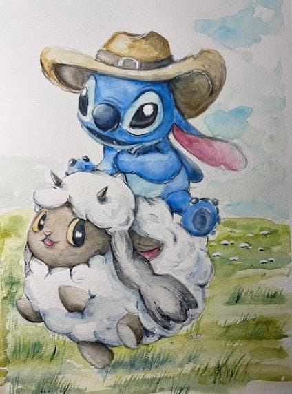 Watercolor on paper  Fan art Stitch crash wooloo Pokemon