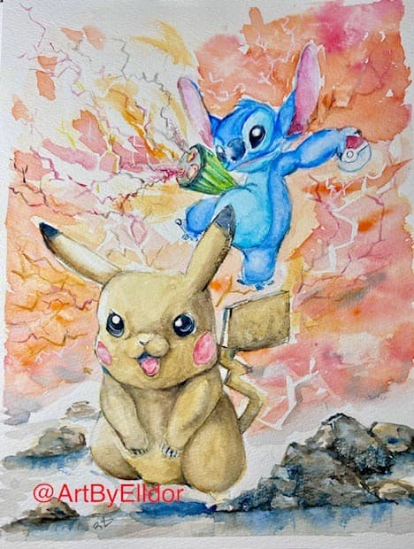 Watercolor on paper  Fan art Stitch crash Pokemon