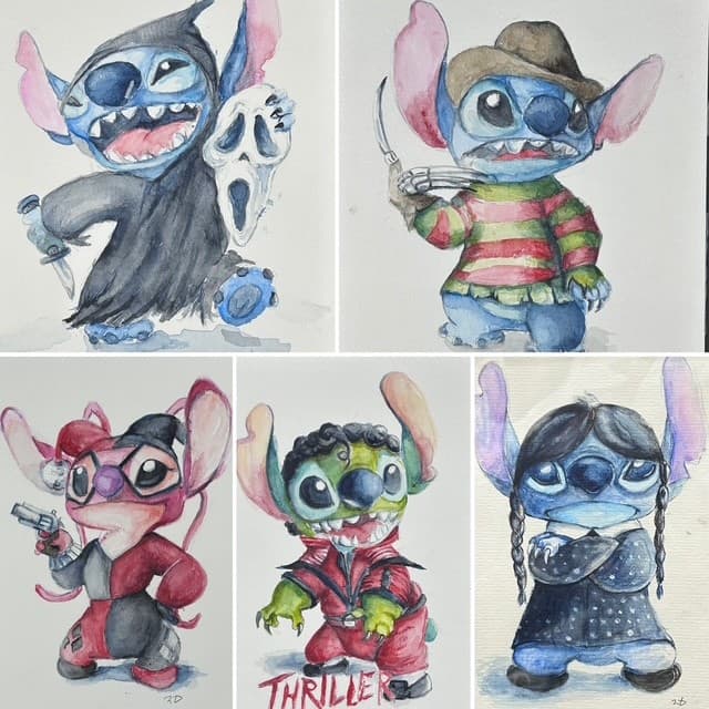 Watercolor on paper  Fan art Stitch reimagined as Disney movie villains