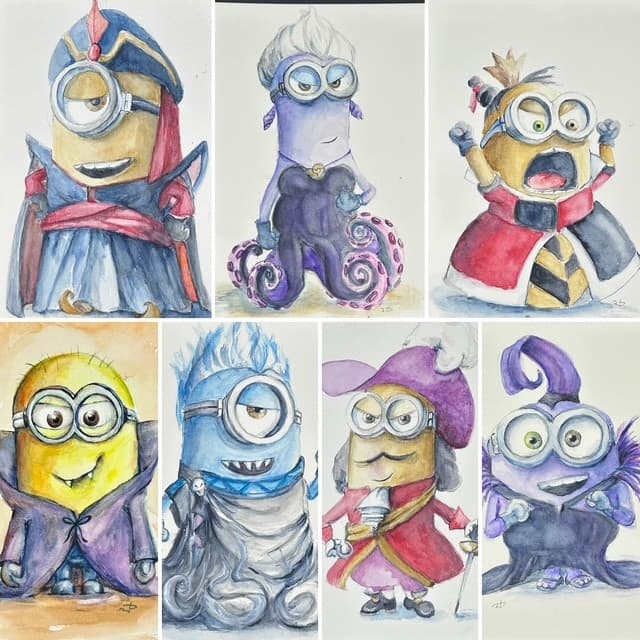 Watercolor on paper Fan art mashup Minions dressed as Disney villains