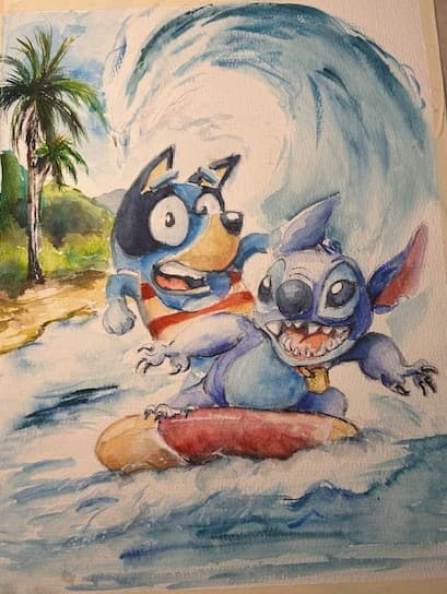 Watercolor on paper Fan art mashup Stitch and Bluey