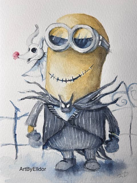 Watercolor on paper Fan art minion reimagined as Nightmare Before Christmas