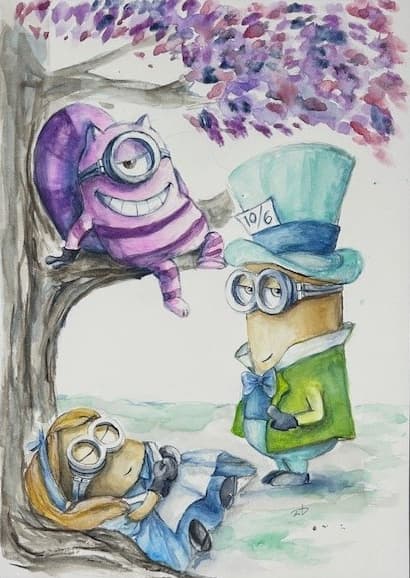Watercolor on paper Fan art minions in wonderland