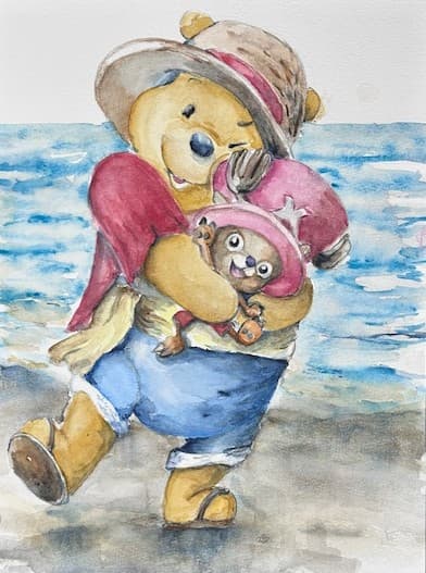 Watercolor on paper Fan art Pooh crash One piece