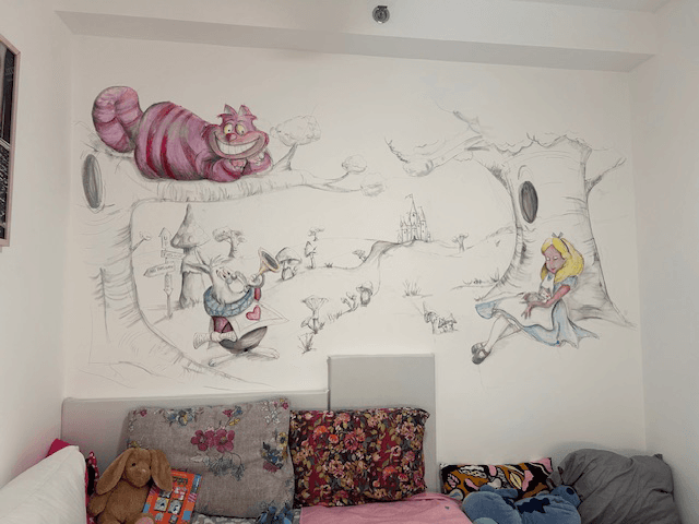 Alice in Wonderland Mural Sketch and Paint Fusion for Bedroom Wall