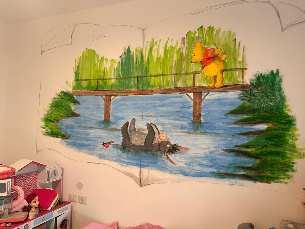 Children’s Room Mural Pooh and Friends at the Poohsticks Bridge